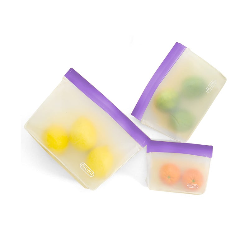 MUMI Piccolo Reusable Zip Up Bags â€“ Set of 3 Silicone Resealable bag | Reusable Bags for Food Storage, Freezer, & Snacks | BPA-Free Airtight Silicone Storage Bag for Travel & Meal Prep - Purple - Image 1